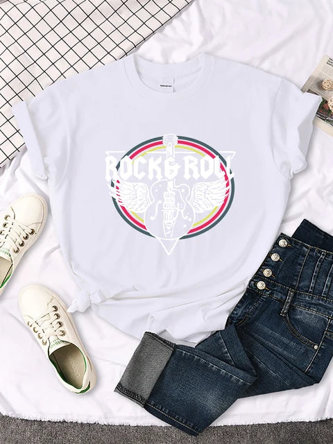 Camiseta con estampado de guitarra eléctrica de rock and roll para mujer, informal, cómoda, transpirable, de manga corta y cuello redondo, ropa urbana