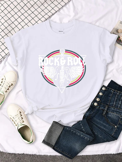 Camiseta con estampado de guitarra eléctrica de rock and roll para mujer, informal, cómoda, transpirable, de manga corta y cuello redondo, ropa urbana