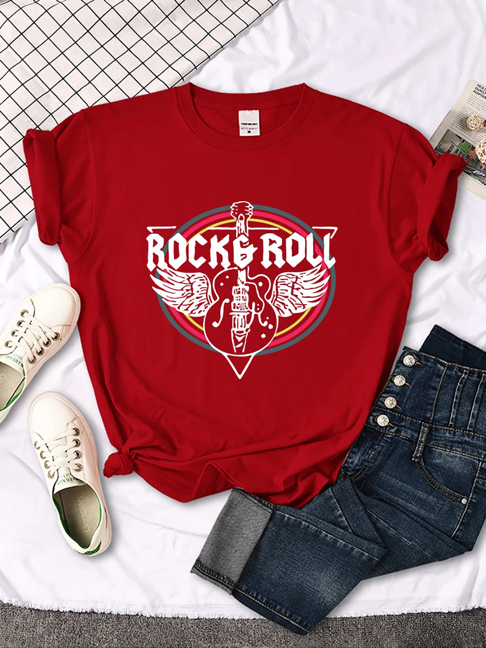 Camiseta con estampado de guitarra eléctrica de rock and roll para mujer, informal, cómoda, transpirable, de manga corta y cuello redondo, ropa urbana