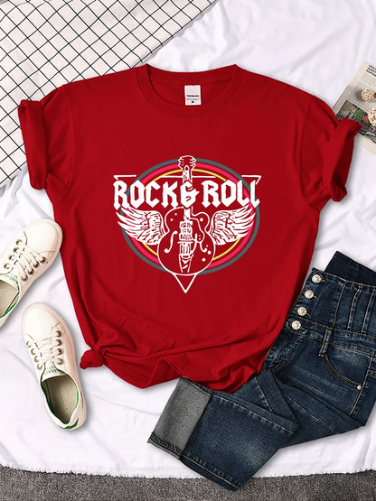 Camiseta con estampado de guitarra eléctrica de rock and roll para mujer, informal, cómoda, transpirable, de manga corta y cuello redondo, ropa urbana
