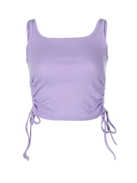Ruched Sleeveless Tank Tops Tees Women Solid Casual Fashion Crop Top Ladies High Street Tie Up Croptop Summer Fitness