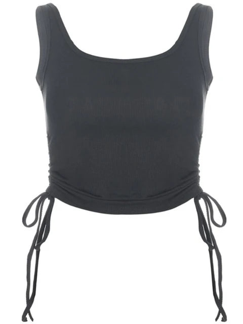 Ruched Sleeveless Tank Tops Tees Women Solid Casual Fashion Crop Top Ladies High Street Tie Up Croptop Summer Fitness