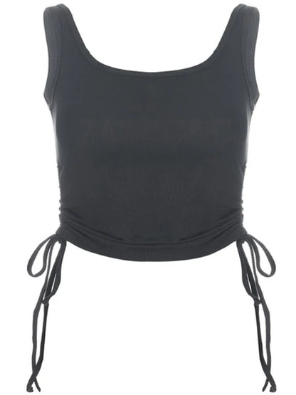 Ruched Sleeveless Tank Tops Tees Women Solid Casual Fashion Crop Top Ladies High Street Tie Up Croptop Summer Fitness