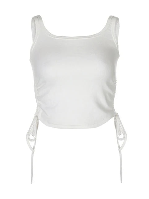 Ruched Sleeveless Tank Tops Tees Women Solid Casual Fashion Crop Top Ladies High Street Tie Up Croptop Summer Fitness