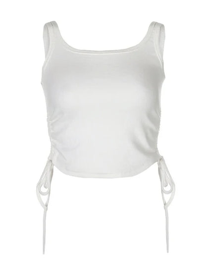 Ruched Sleeveless Tank Tops Tees Women Solid Casual Fashion Crop Top Ladies High Street Tie Up Croptop Summer Fitness