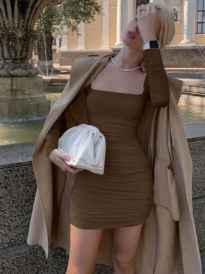 Vestido mini fruncido de manga larga para mujer, ajustado, sexy, elegante, para fiesta, ropa de calle, otoño invierno 2025, ropa blanca para club