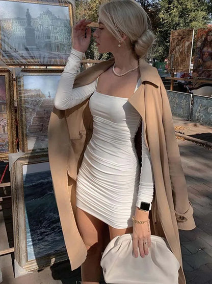 Vestido mini fruncido de manga larga para mujer, ajustado, sexy, elegante, para fiesta, ropa de calle, otoño invierno 2025, ropa blanca para club