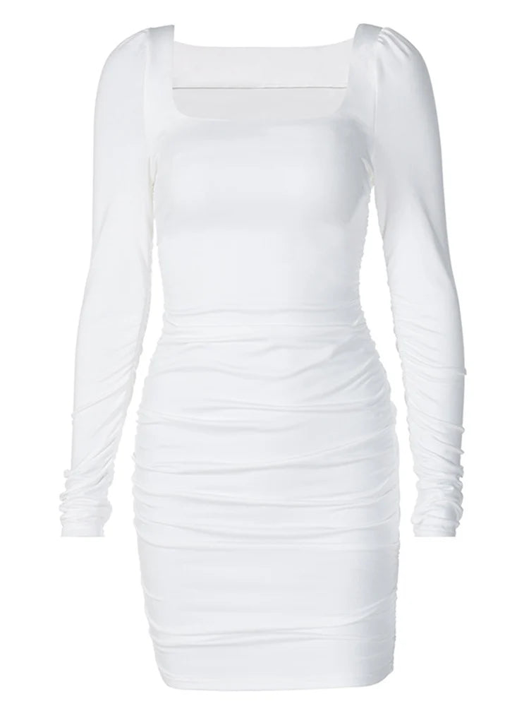 Vestido mini fruncido de manga larga para mujer, ajustado, sexy, elegante, para fiesta, ropa de calle, otoño invierno 2025, ropa blanca para club
