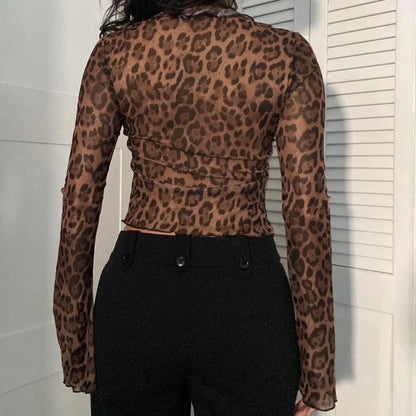 Top corto vintage de manga larga con estampado de leopardo y detalle fruncido en marrón, cuello en V, camiseta con cordones, trajes de fiesta para mujer, otoño