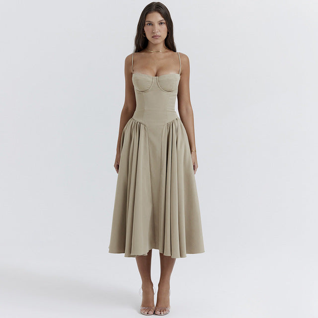 Spaghetti Strap Sleeveless A-line Midi Dress For Women Summer New Backless Pleated Slipdress Ladies Fashion Loose Dress