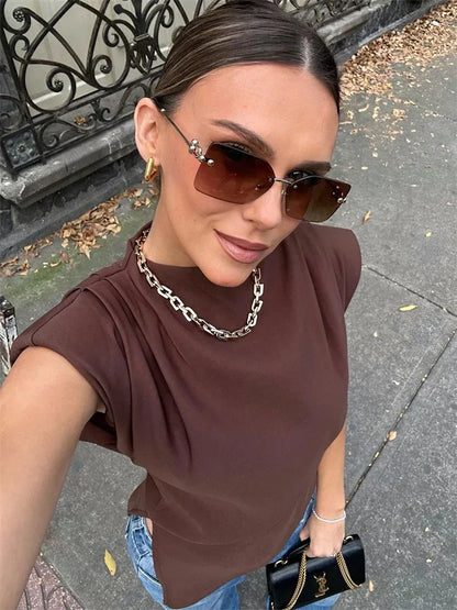 Spring Female Casual T-shirt Top Sleeveless Slim High Waist Cropped Solid Streetwear Y2k Top Women’s Patchwork Tee 2025