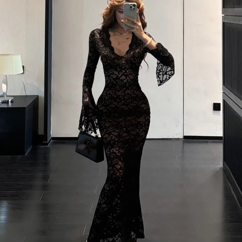 Vestidos largos de encaje ajustados y sexys para mujer, con escote en V y mangas acampanadas, vestido de sirena ajustado para fiesta de noche, club, graduación, vestidos para mujer