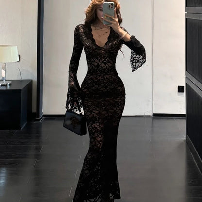 Vestidos largos de encaje ajustados y sexys para mujer, con escote en V y mangas acampanadas, vestido de sirena ajustado para fiesta de noche, club, graduación, vestidos para mujer