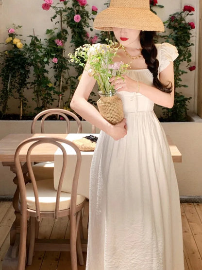 Elegante vestido midi vintage para mujer, novedad de verano, cuello cuadrado, cintura alta, vestido de fiesta de princesa, vestido informal de corte A para mujer