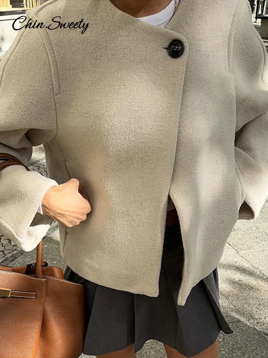 Chaqueta elegante de mezcla de lana lisa para mujer, abrigo de manga larga con botones y cuello redondo, ropa de abrigo cálida para otoño e invierno.