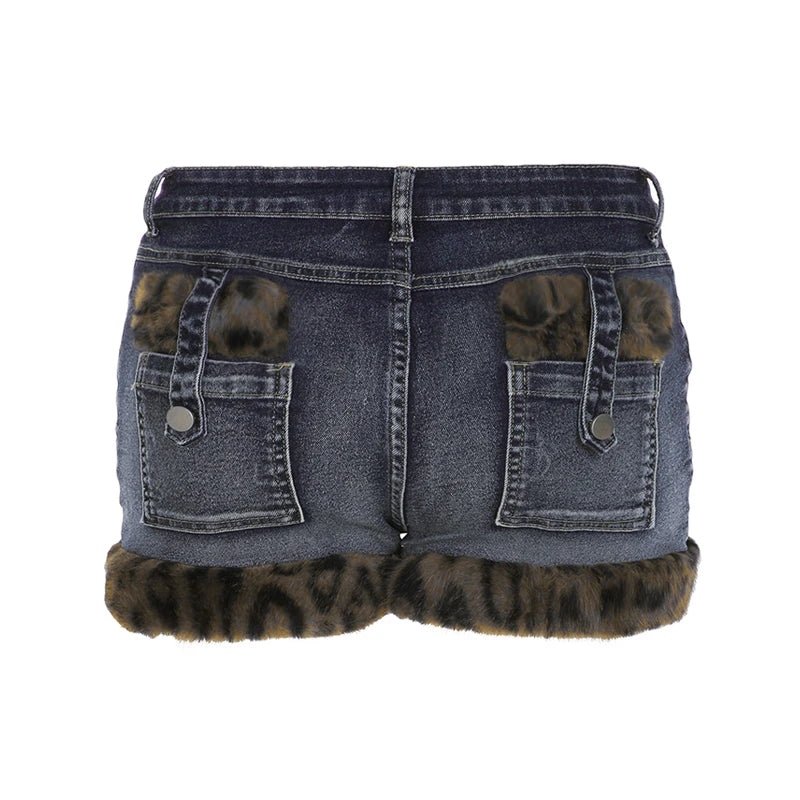 Fashion Y2k Leopard Faux Fur Spliced Jean Shorts Women Chic Trendy Street Shorts Retro Exquisite