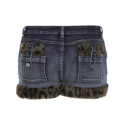 Fashion Y2k Leopard Faux Fur Spliced Jean Shorts Women Chic Trendy Street Shorts Retro Exquisite