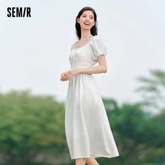 Dress Women Gentle And Elegant  Summer New French-Style Square Collar Waist Cinched Mid-Length Fresh