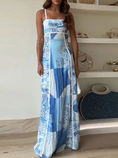 Linen Strapless Suspender Sexy Maxi Dress Women Lace Backless Large Hem Fashion Printed Long Skirt  New Holiday Vestidos