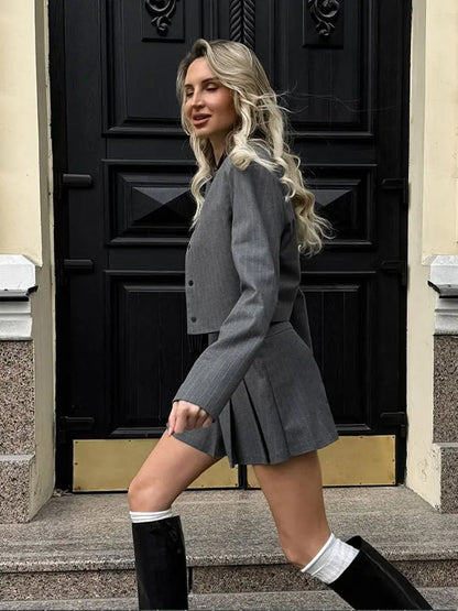 Conjunto de chaqueta y falda corta a rayas para mujer, traje informal de manga larga, abrigo y minifalda, conjuntos elegantes y chic en gris, ropa de calle