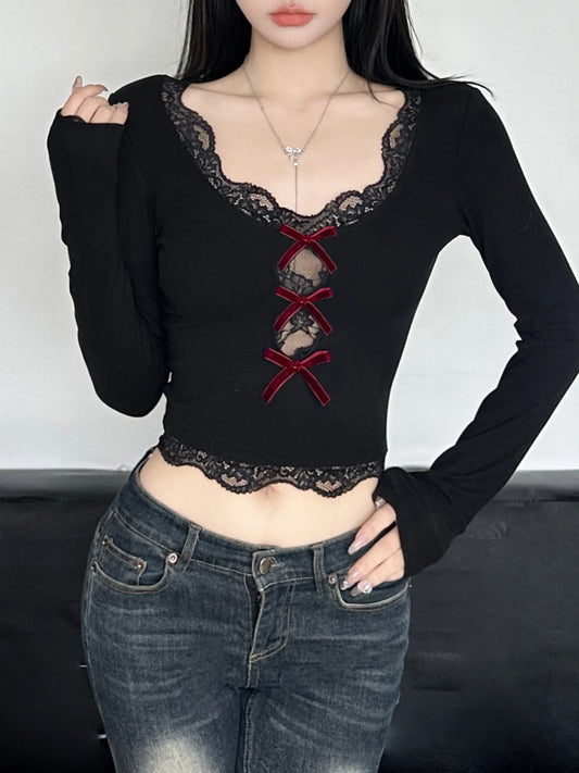 Lace Spliced Velvet Bow V-Neck Women¡¯s Tops Long Sleeve Slim Fit Sexy Fashion Trendy Autumn New Clothes