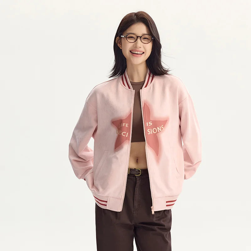 Abrigo de mujer de largo medio de gamuza sintética, chaqueta holgada de color contrastante, abrigo de béisbol con estrellas estilo retro americano con letras de otoño