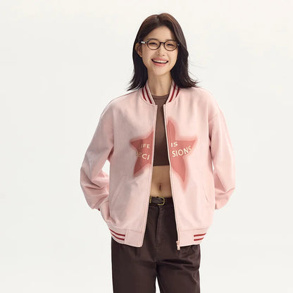 Abrigo de mujer de largo medio de gamuza sintética, chaqueta holgada de color contrastante, abrigo de béisbol con estrellas estilo retro americano con letras de otoño