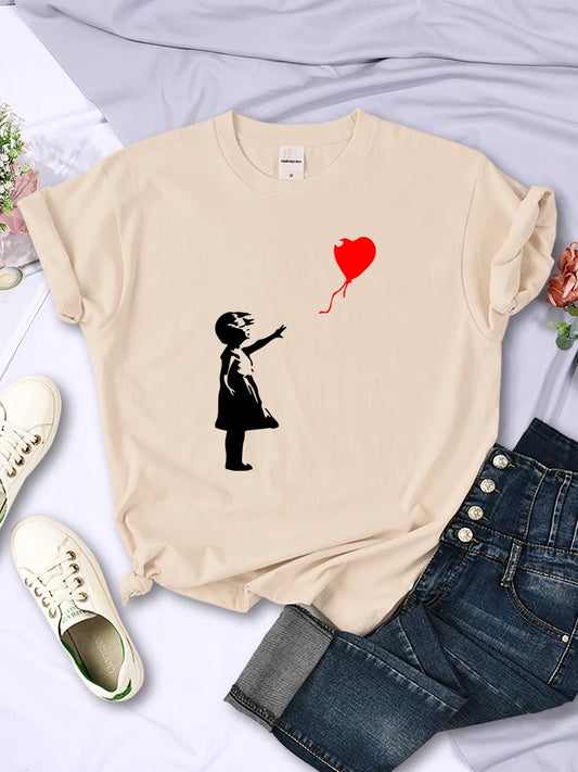 Let’S Fly Love Balloons Prints Womens T-Shirt Soft Breathable Short Sleeve Street Hip Hop Trend Tops Casual Female Tee Clothing