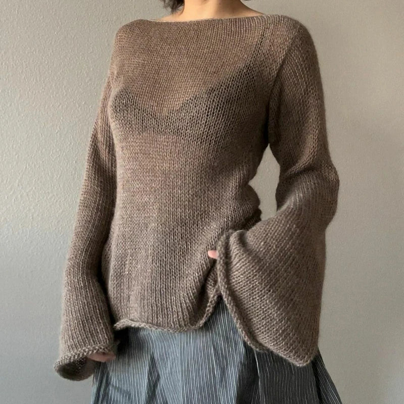 Suéteres de punto con espalda descubierta y lazo para mujer, jersey de manga larga con cuello barco, moda coreana, jerséis vintage Y2K, camiseta de otoño