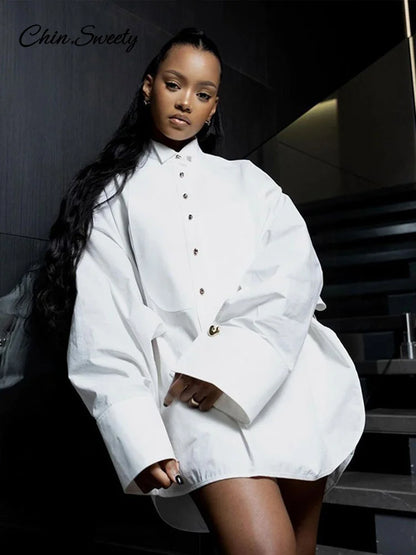Casual Women’s Loose Shirts White Raglan Sleeve Lapel Single Breasted Blouses 2025 Spring Office Lady Fashion Y2K Street Tops
