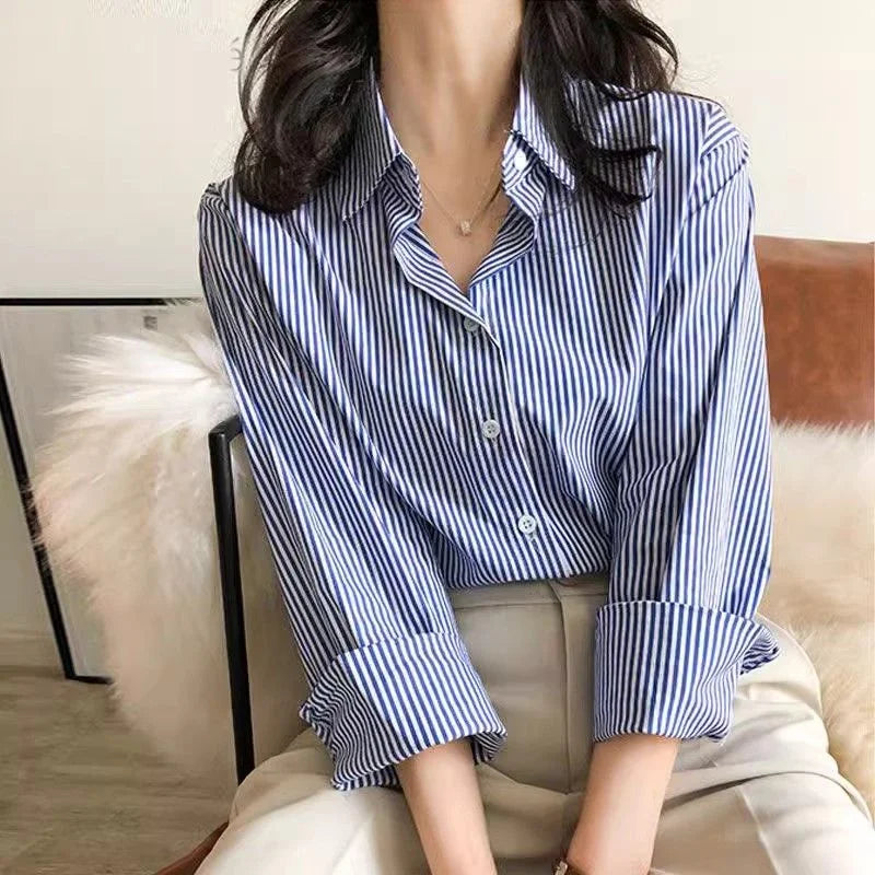 Blusa holgada clásica de rayas para mujer, camisa de primavera y otoño con mangas largas tipo farol y cuello alto