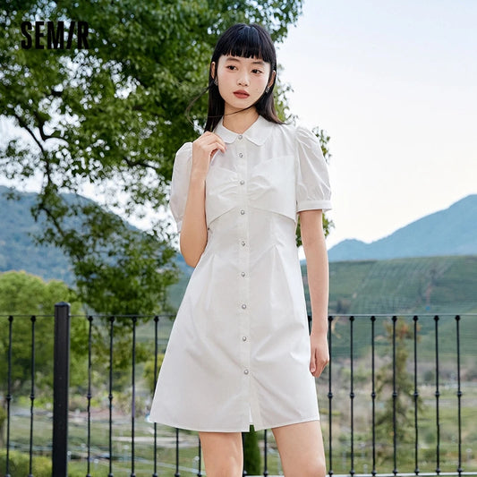 Dress Women Puff Sleeves Sweet Gentle  Summer New Temperament Solid Color Exquisite Shirt Dress