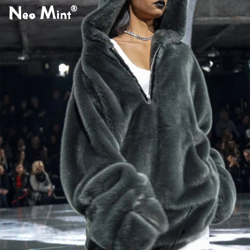 Abrigo largo de piel sintética de marca de lujo de moda para mujer, chaqueta cálida con bolsillos grandes y capucha con cremallera, abrigos de felpa de piel de conejo sintética