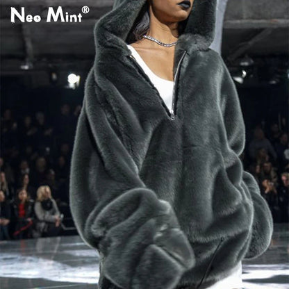 Abrigo largo de piel sintética de marca de lujo de moda para mujer, chaqueta cálida con bolsillos grandes y capucha con cremallera, abrigos de felpa de piel de conejo sintética