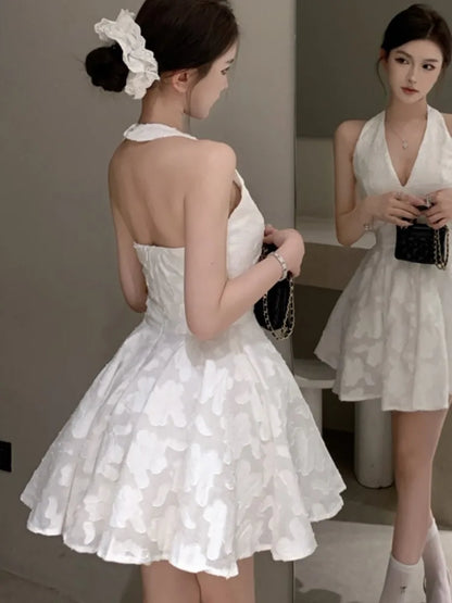 Y2K - Vestidos cortos con cuello en V y espalda descubierta para mujer, Jacquard, sin mangas, corte A, para fiesta de cumpleaños, graduación, minivestidos para mujer, nuevo