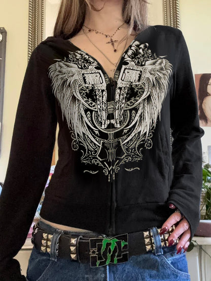 Abrigo con capucha y cremallera estilo retro oscuro Y2k, manga larga, básico, para mujer, moda chic, estampado de diamantes, sudadera tipo cárdigan