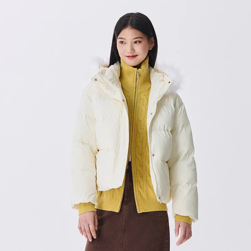 Chaqueta de plumón para mujer, con cuello de piel, con capucha, cálida, sencilla y versátil, nueva, impermeable, resistente al viento, abrigo holgado de invierno.