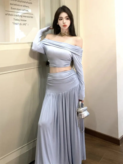 Conjunto de falda de dos piezas para mujer, top corto con cuello halter y cintura alta, moda coreana, ropa de calle, otoño