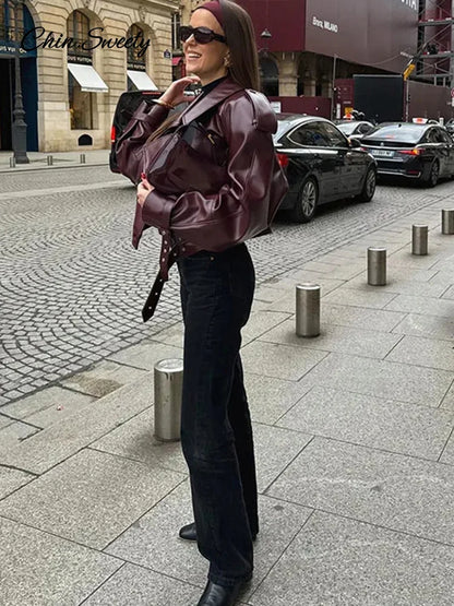 Chaqueta corta informal de cuero con cinturón y solapa, abrigo corto de manga larga, nueva moda para dama, ropa de calle para fiestas, nueva ropa exterior _