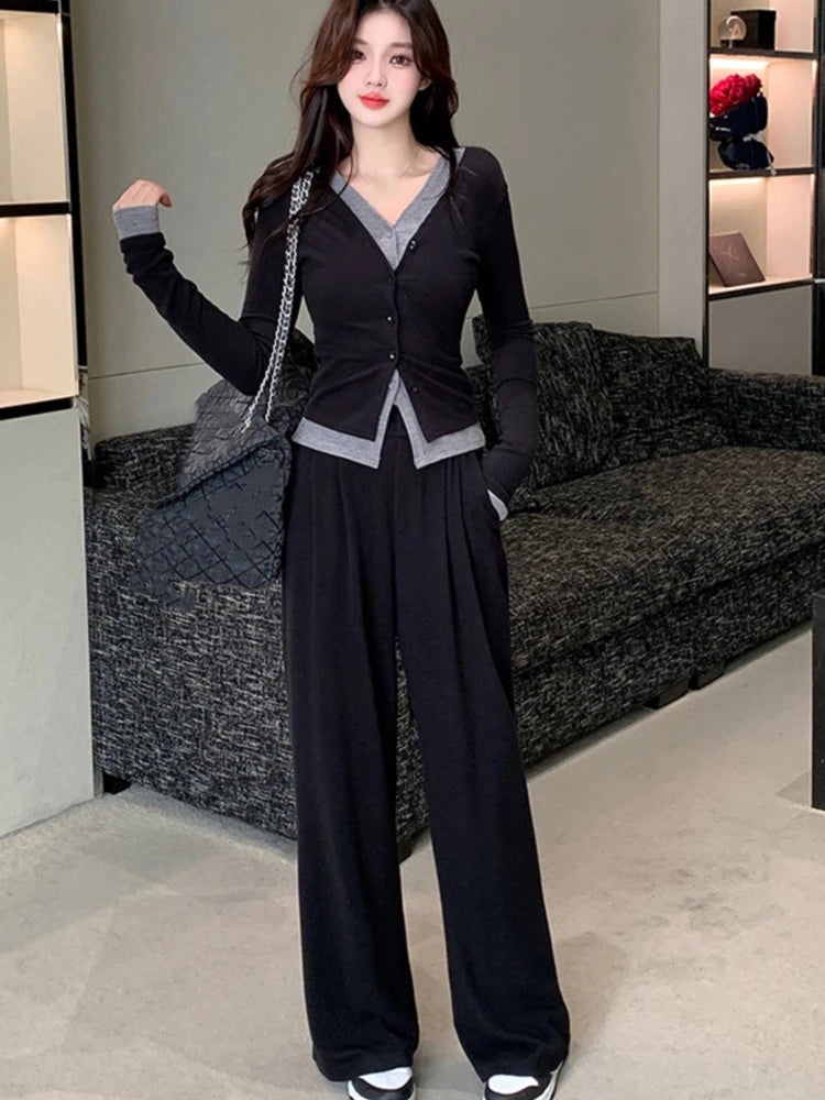 Conjunto de dos piezas de pantalón informal de otoño para mujer, manga larga, cuello en V, top de una sola botonadura, pantalones de pierna ancha, moda coreana, nuevo