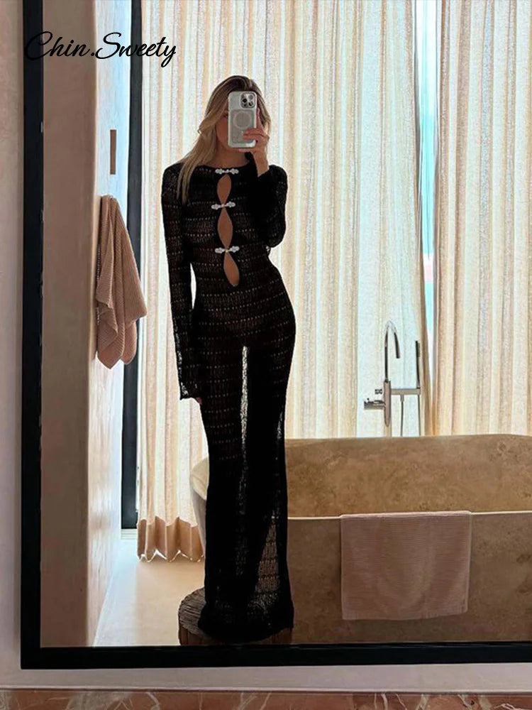 Sexy Hollow Out Knitted Maxi Dress Women Long Sleeve O-neck White Black Holiday Dresses Female 2025 Summer Lady Slim Fit Robes