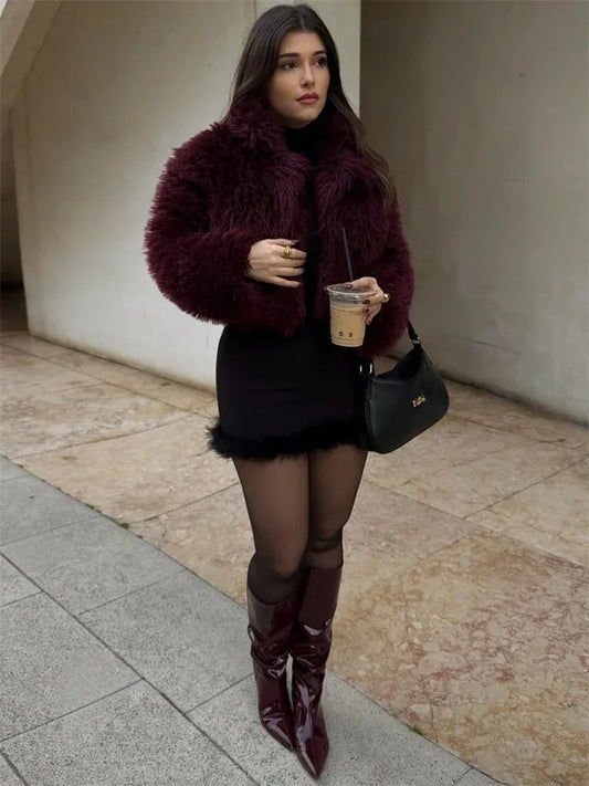 Abrigo de plumas de piel de invierno para mujer, suelto, de retazos, de manga larga, con solapa, liso, informal, de lujo, para mujer, 2025