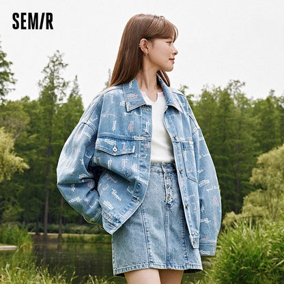 Chaqueta vaquera para mujer, con estampado completo, nueva chaqueta holgada y moderna de otoño