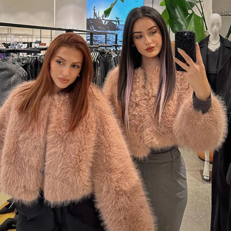 Marca de moda de invierno dulce rosa recortado abrigo de piel sintética para mujer ropa de calle Ins Chic Girls chaqueta de piel de zorro esponjosa para mujer