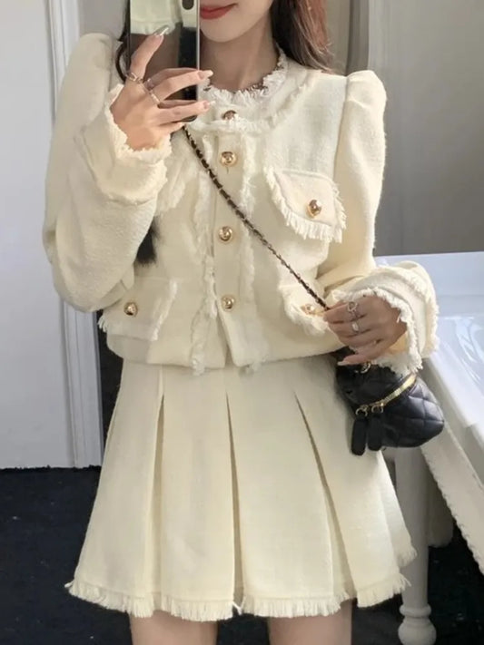 Korean Fashion Women Solid Tweed Skirts Suit Elegant Chic Jackets Coat Mini Pleated Skirts Two Pieces Set Female Clothes Outfits