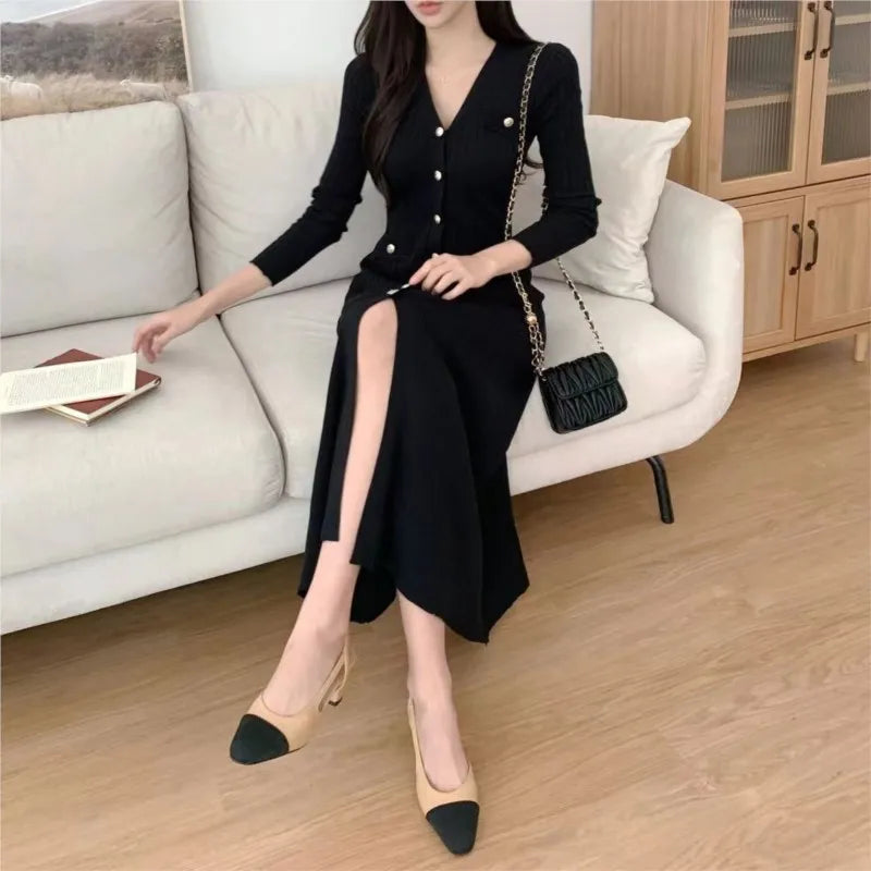 Vestidos de punto elegantes coreanos para mujer, cuello en V, manga larga, ajustados, ajustados, con volantes, vestido de fiesta informal, otoño e invierno, nuevos vestidos
