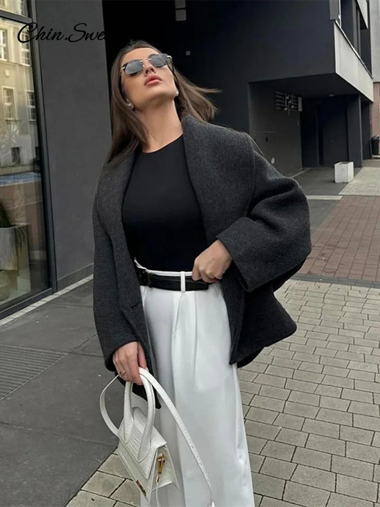 Retro Loose Woolen Blend Coat Women Lapel Double-Breasted Long Sleeve Pocket Thick Gray Jacket 2025 Autumn Spring Streetwear