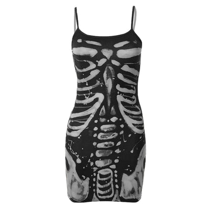 Vestido gótico de verano para mujer, con tirantes finos, sin mangas, estampado de huesos, minivestido Y2K, estilo punk estético