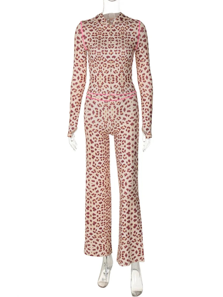Fashion Printed 2 Piece-Set Women Hoodie Slim Cropped Top And High Waist Trousers Outfits Contrast Women’s Pants Sets