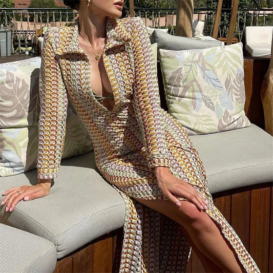 Crochet Dress y2k Clothes Women Geometric Print Turn Down Collar Long Sleeve Long Dresses Vintage Beach Party Dresses
